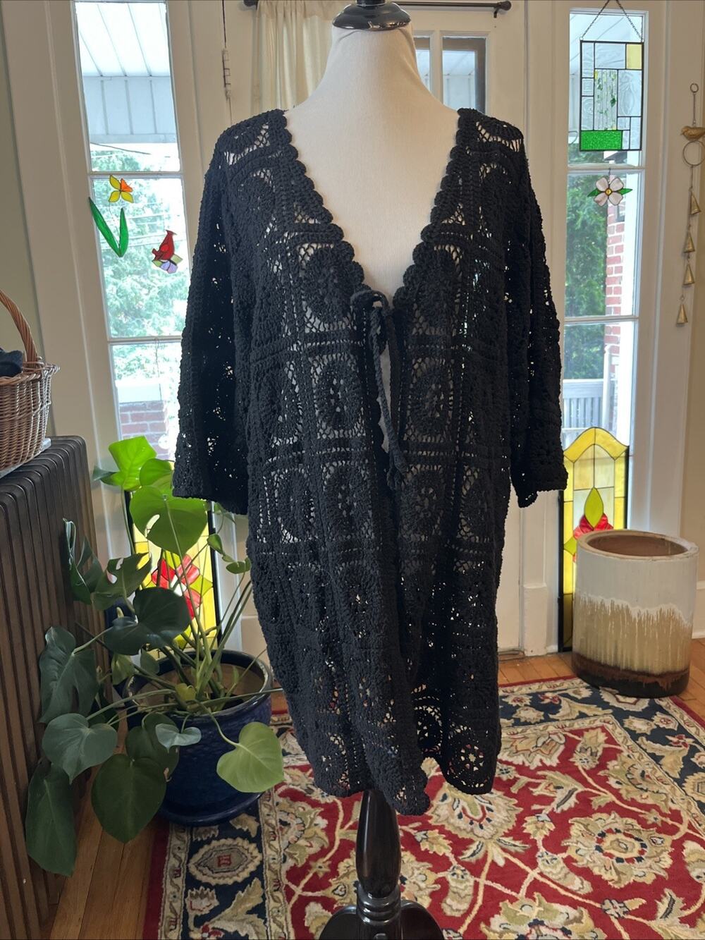 Solitaire 2X Granny Square Black Crochet Cardigan Sweater Sheer Boho Festival